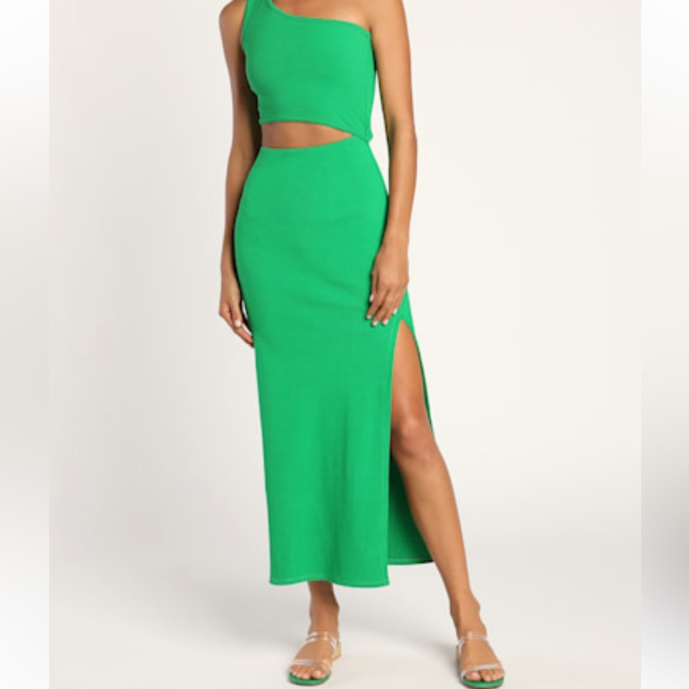 Lulus Spice Things Up Green Ribbed One-Shoulder Cutout Midi Dress - NWT